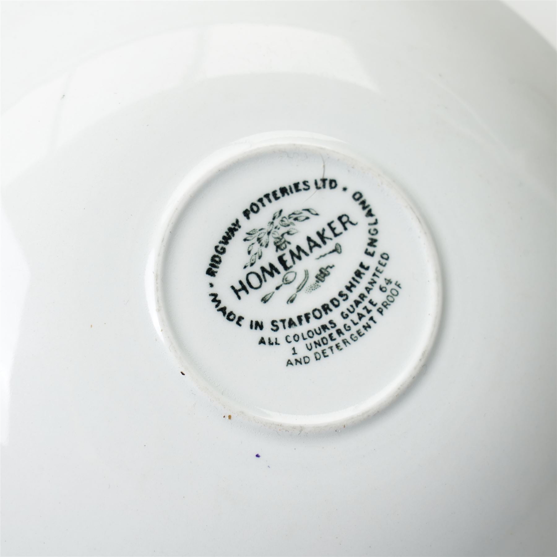 Enid Seeney for Ridgway Potteries 'Homemaker' pattern tea and dinner wares, c1950s/1960s, comprising three teacups and saucers, four small bowls, three larger bowls and twelve plates of graduating sizes