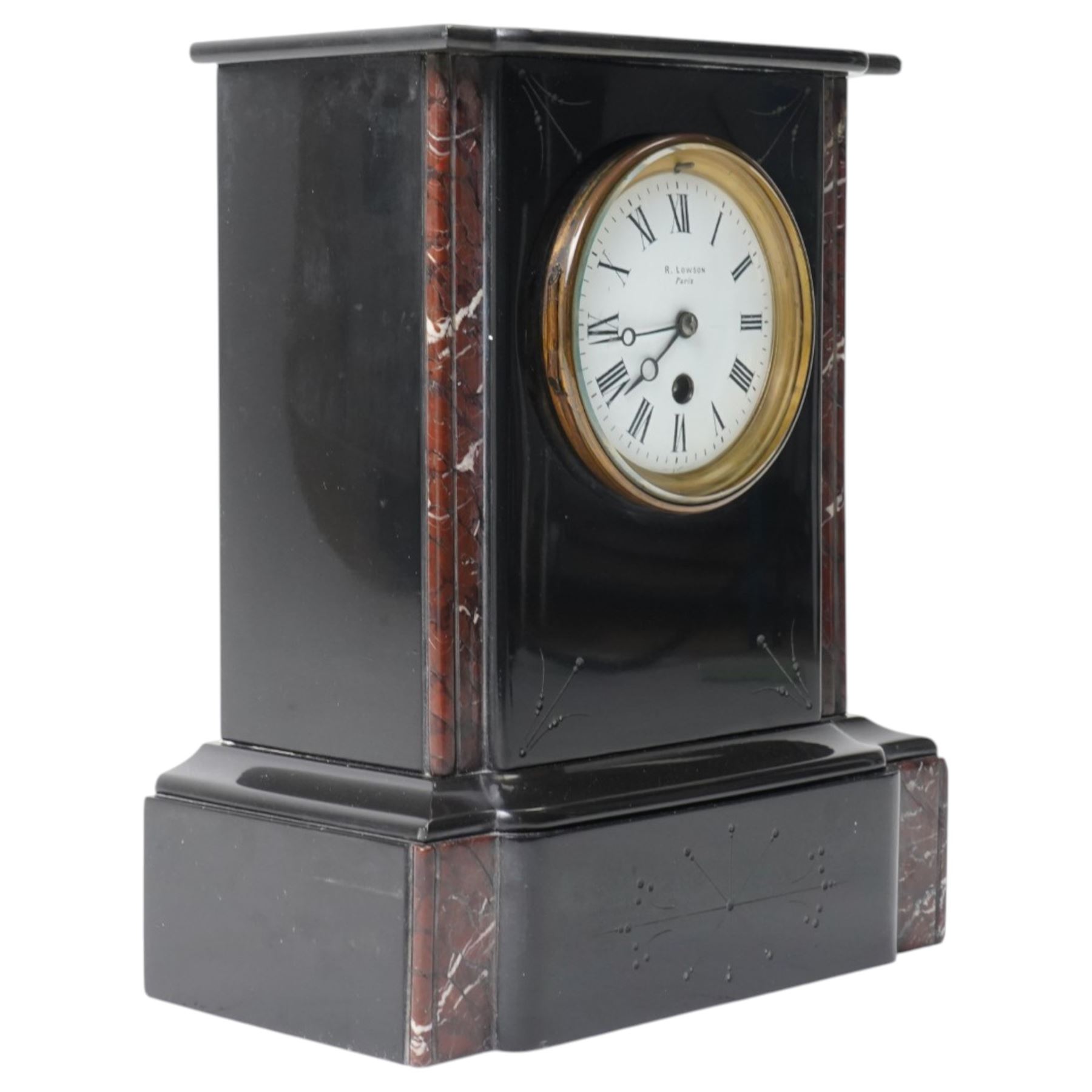 Victorian mantel clock, the white dial inscribed R Lowson, Paris, in black slate case H31cm
