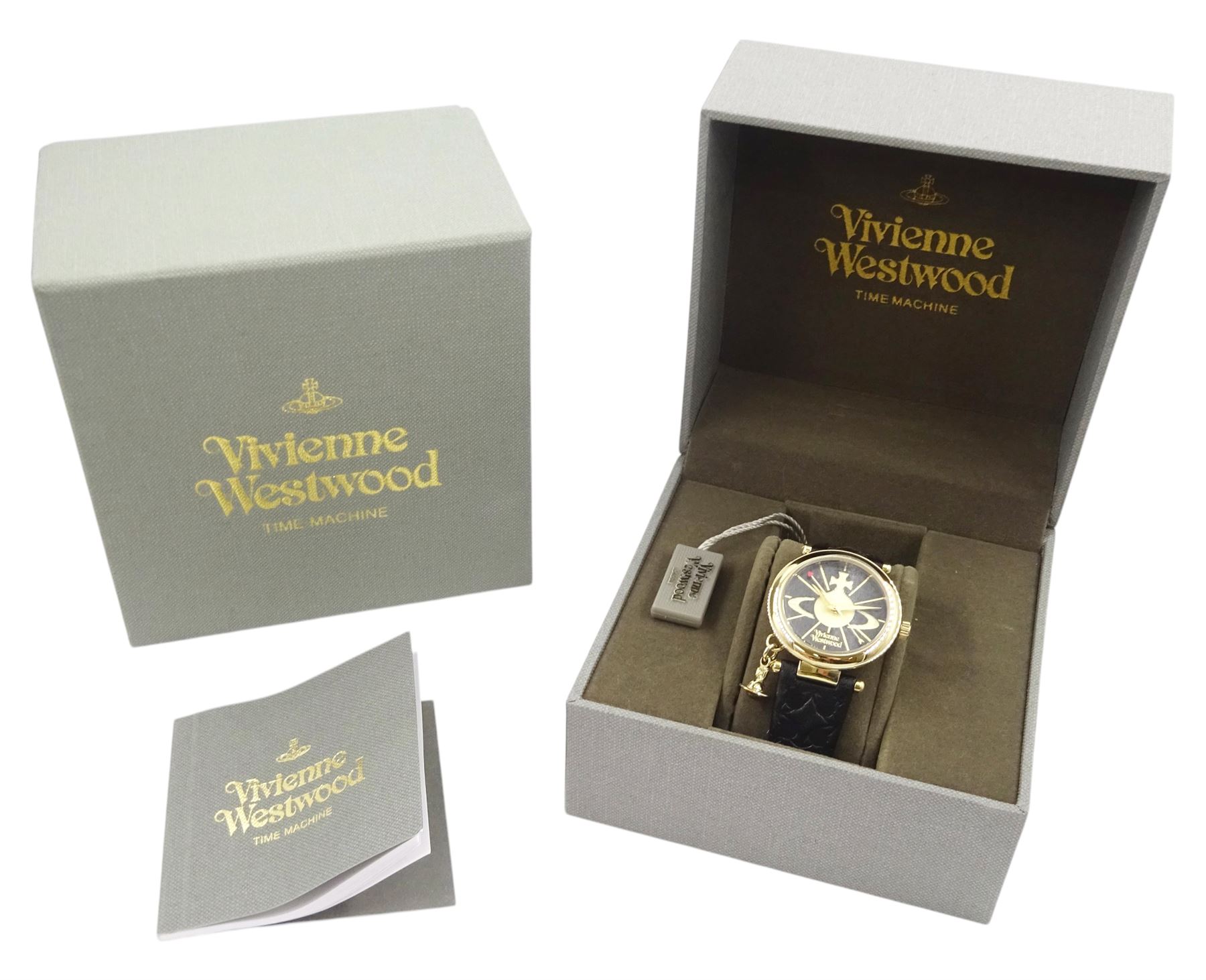 Vivienne Westwood Orb gold-plated quartz wristwatch, on original black leather strap, boxed