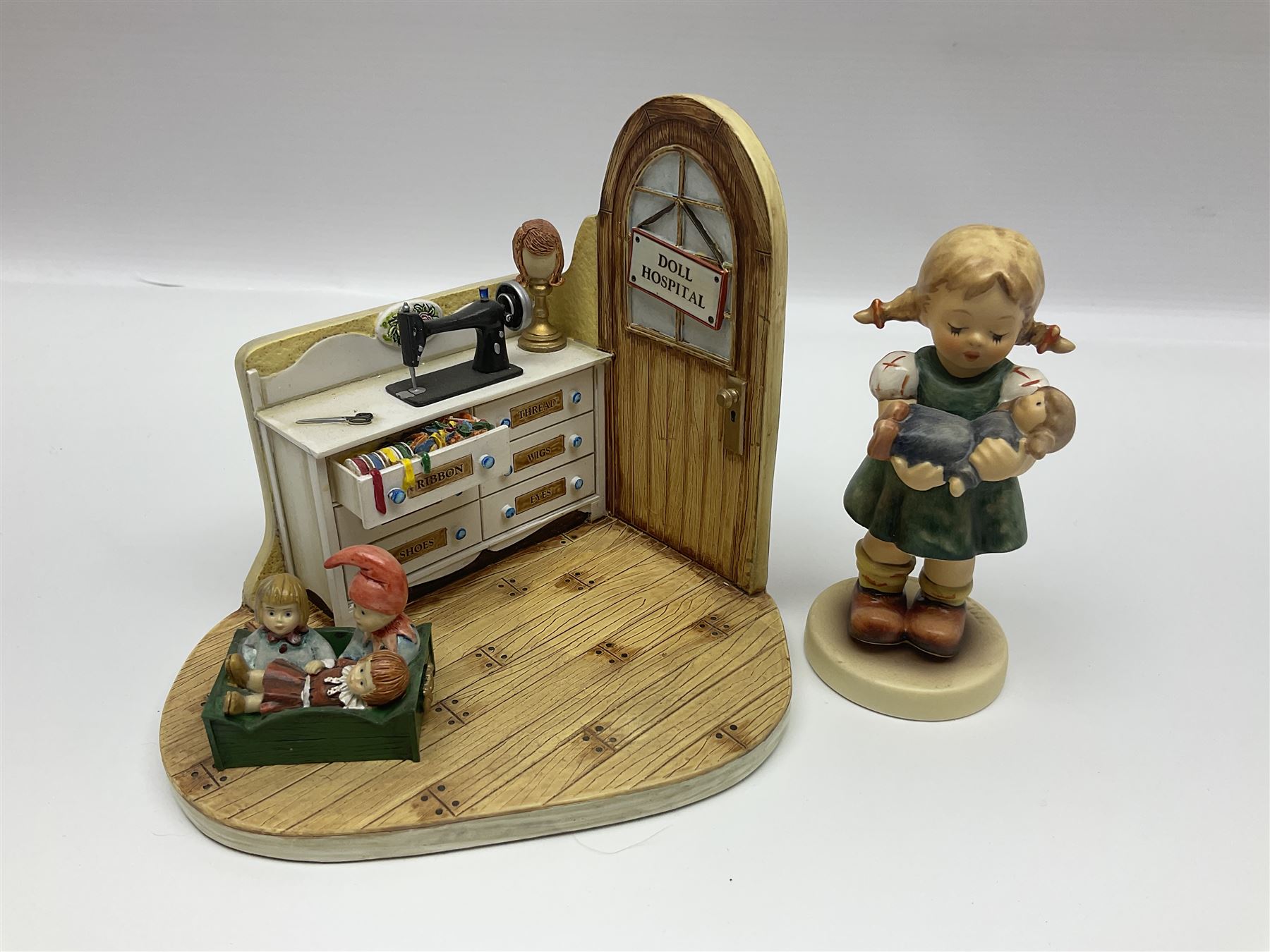 Nine Hummelscapes by Goebel, to include Bavarian Bire Garten, Cuck Crossing, Fisherman's Feast, Strudel Haus etc, each with associated Hummel figures, tallest H14cm 