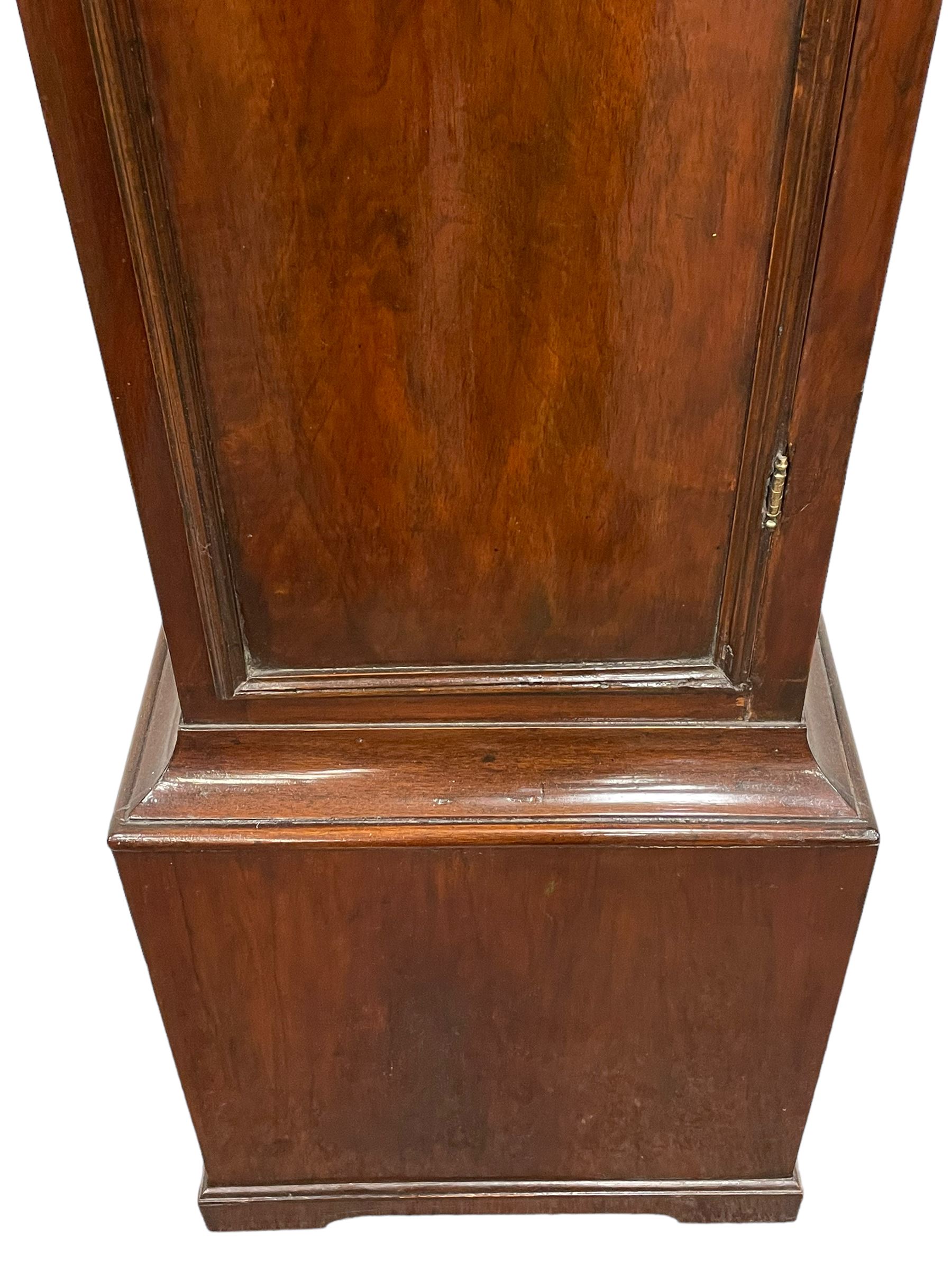 John Abbot of London – early 18th century walnut 8-day longcase clock c1740, hood with glazed side panels and tall swept pagoda pediment above a break arch hood door with attached pillars and gesso wooden capitals, long trunk door with a conforming break arch top on a rectangular plinth with applied shaped skirting, brass dial with a matted center and continuous herringbone engraving to the surround, cast spandrels, silvered chapter with Roman numerals, five minute Arabic’s, minute track and inner quarter hour track, subsidiary seconds dial and square date aperture, silvered tempus fugit boss to the break arch, dial pinned directly to a rack striking movement, striking the hours on a bell. With weights and pendulum.