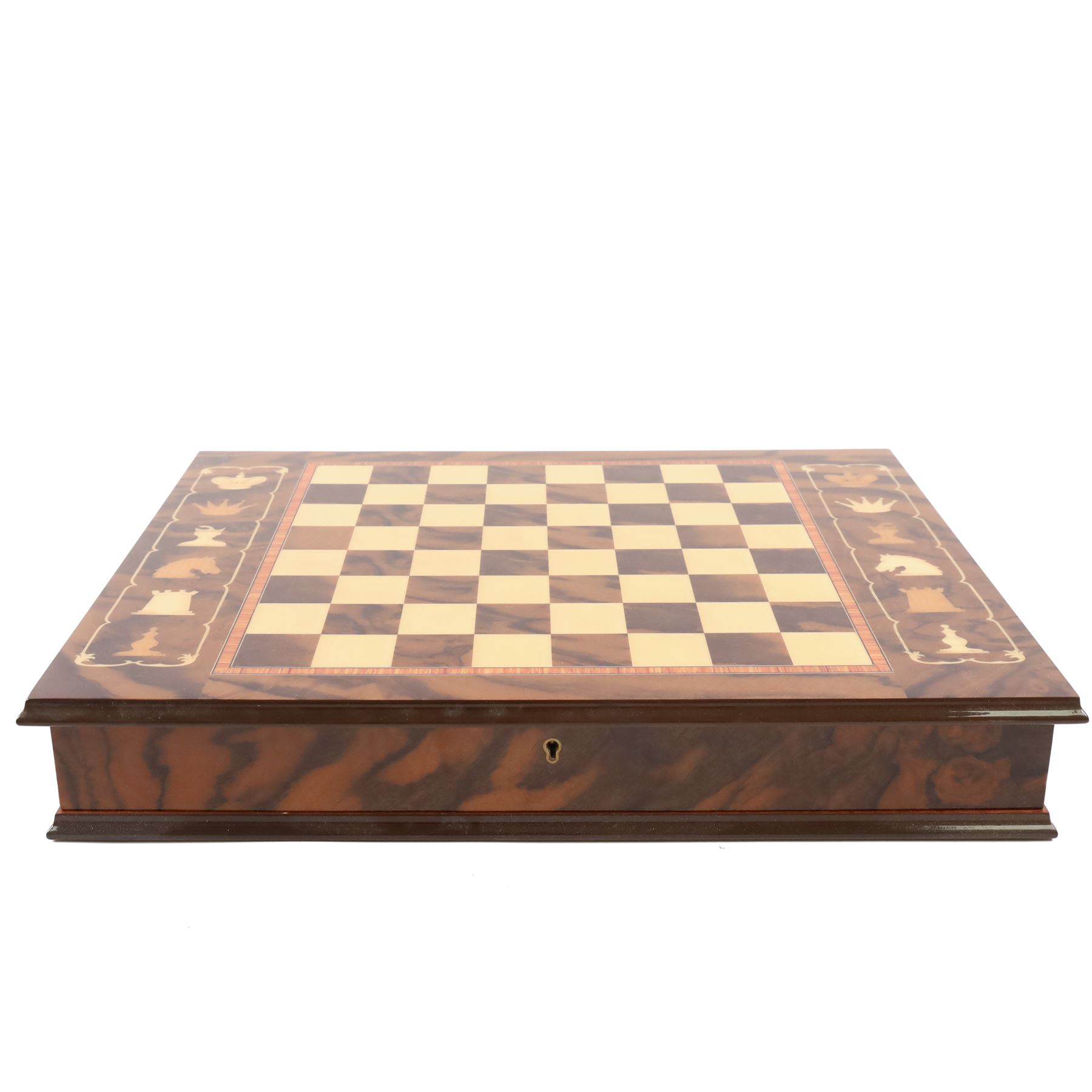 Italian Notturno chess set, the hinged board opening upon compartments with chess pieces, with key, W35cm, L45cm 