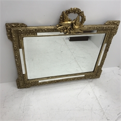 Rectangular classical gilt wall mirror with bird pediment, W109cm x H96cm