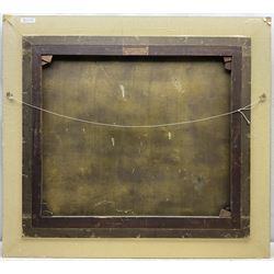 J E M (Early 20th century): Portrait of a Bay Hunter in Stable setting, oil on canvas signed with initials on the water bucket 72cm x 82cm 