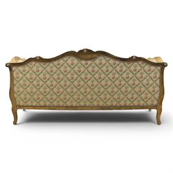 Louis XV design giltwood framed settee, the frame with applied foliate detail,  three loose seat cushions, upholstered in pineapple patterned fabric