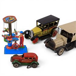 Collection of modern tin plate toys, including motorcycles, cars, table tennis players, carousel, etc