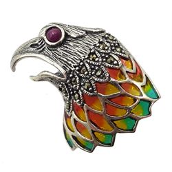 Silver plique-a-jour, marcasite and ruby eagle brooch, stamped 925
