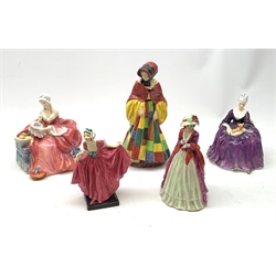  A group of five Royal Doulton figurines, comprising The Parsons Daughter HN564, (a/f), Delight HN1772, (a/f), Charlotte HN41, Penelope HN1901, an unmarked example, probably Royal Doulton, The New Gloves, largest The Parsons Daughter H5cm.  