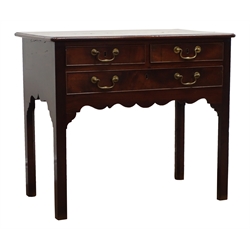  George lll mahogany lowboy, moulded top above two short and one long cockbeaded drawers, original brass swan neck handles, shaped apron on square supports with inner chamfer, W81cm, H71cm, D41cm   