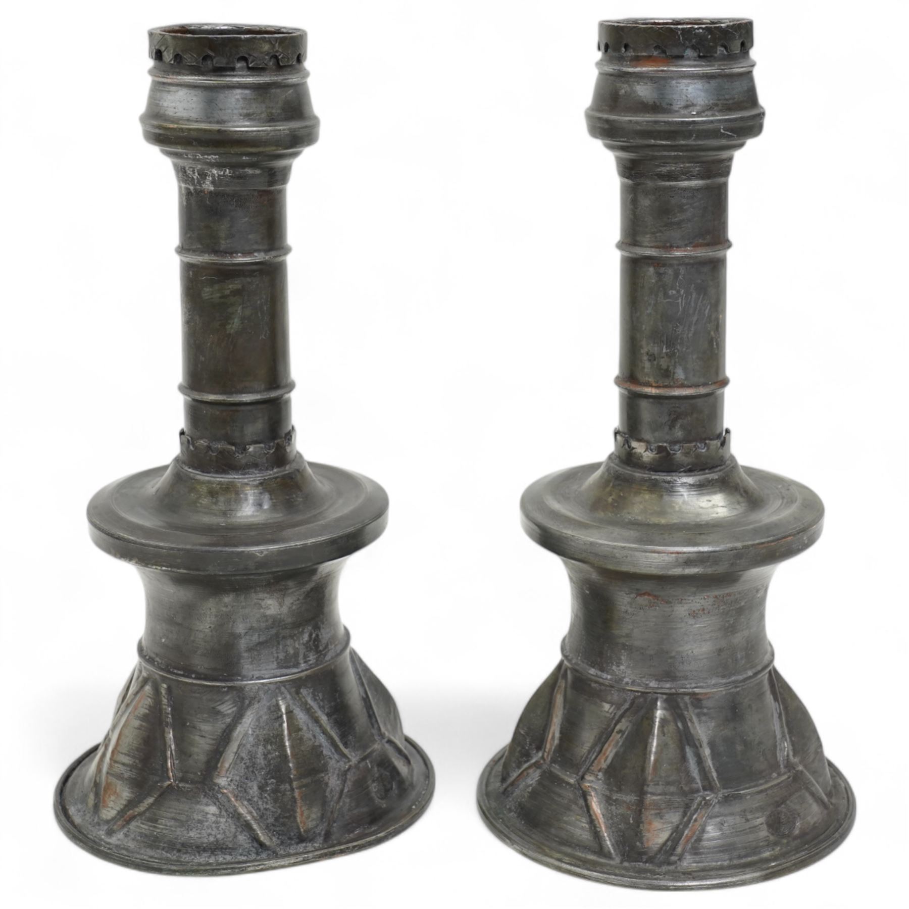 Pair of Ottoman leaded copper bell based candlesticks, H30cm