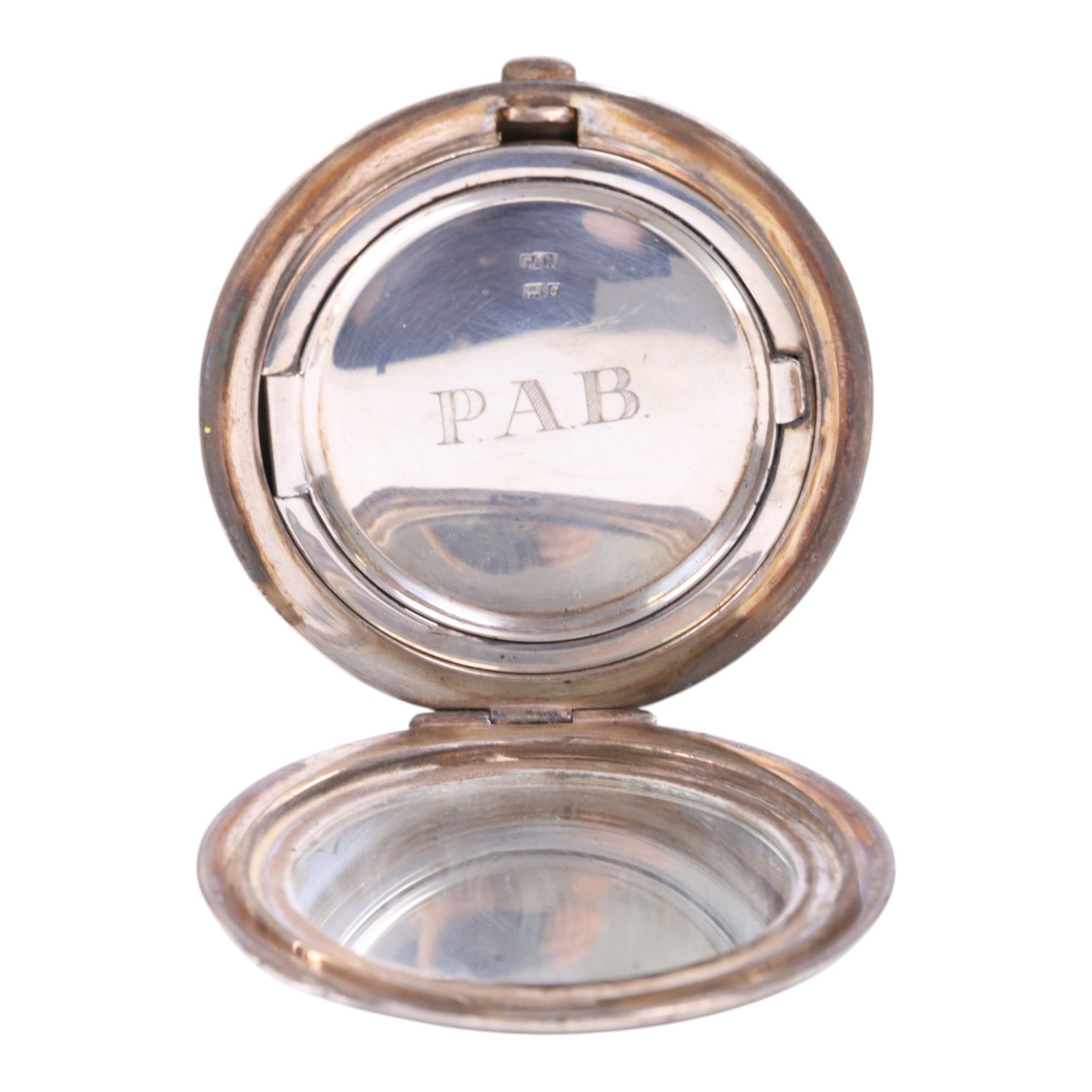 Mid 20th century silver powder compact, of circular form with engine turned decoration and engraved initials to interior, hallmarked, together with a pair of silver cufflinks, gold on silver cufflinks and tie clip, 15ct gold stick pin set with rose cut diamond, mirror D6.5cm