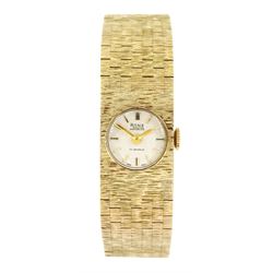 Rone 9ct gold ladies manual wind wristwatch, on integrated 9ct gold bracelet, London 1973