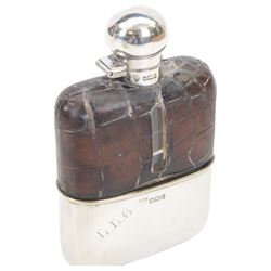 Edwardian silver mounted hip flask, the glass body overlaid with crocodile effect leather, with silver collar, cap and removable cup engraved with initials, all hallmarked G & J W Hawksley, Sheffield 1907, H13cm
