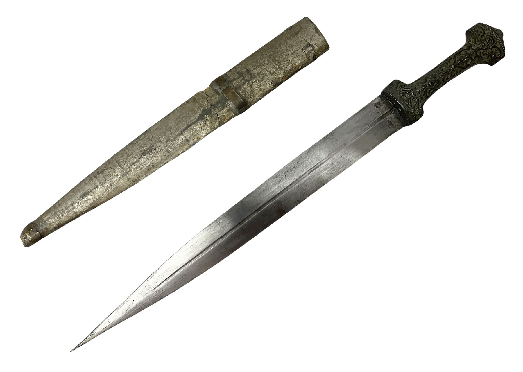 19th century Khanjali dagger, 33.5 cm double edged fullered blade with stamped makers marks, ornate cast grip, with engraved white metal scabbard, 46cm overall