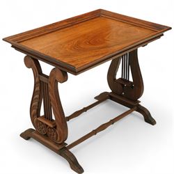 Regency design rosewood butler’s tray on stand, rectangular tray with moulded gallery raised on lyre-end supports united by turned stretchers