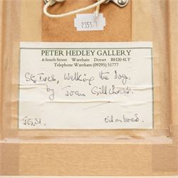 Joan Gillchrest (Cornish 1918-2008): 'St Ives - Walking the Dog', oil on board signed with initials, titled on label verso 17cm x 12cm
Provenance: Peter Hedley Gallery labels verso