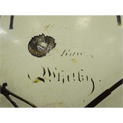  19th century inlaid mahogany longcase clock, broken arch pediment, single brass finial, arched painted dial with Arabic numerals and calendar aperture signed 'Raw, Whitby', H229cm  