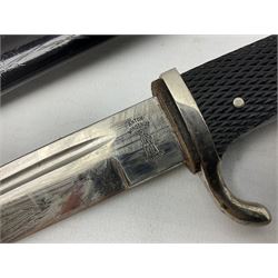 German Wehrmacht KS98 dress bayonet, with plain 19.5cm fullered blade marked Anton Wingenje Solingen, chequered black plastic grip and original leather washer to ricasso; in black painted metal scabbard L36cm overall