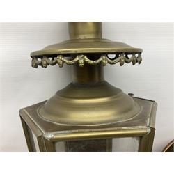 20th century brass carriage lantern, with six glass panels and eagle finial, together with a copper coal scuttle and hammered copper vase, lantern H77cm