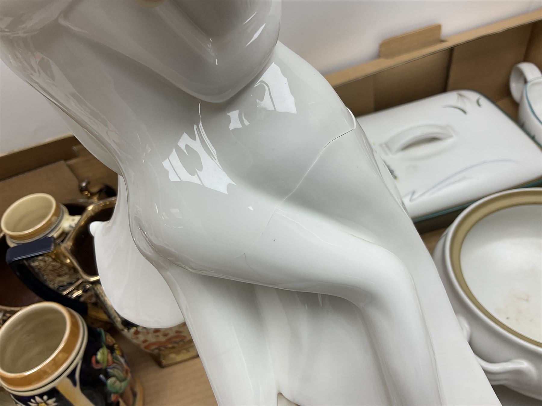 Denby Greenwheat pattern dinner wares, together with Royal Doulton Tumbling Leaves pattern tea and dinner wares, Royal commemorative ceramics including Wedgwood Jasperware table lighter, pair of Victorian glass hand painted vases, large blue and white urn with lid, Noritake part tea set, Staffordshire style dog and other ceramics and collectables, in boxes