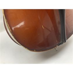 Two student half-size cellos - Boosey & Hawkes Artia with 65cm one-piece back and spruce top; bears maker's label; L104cm overall; and Romanian with 65.5cm two-piece maple back and ribs and spruce top; bears label; L108.5cm overall; each in soft carrying case with two bows (2)