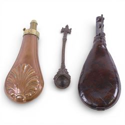 19th century copper powder flask, of typical teardrop shape, together with an unmarked lea...