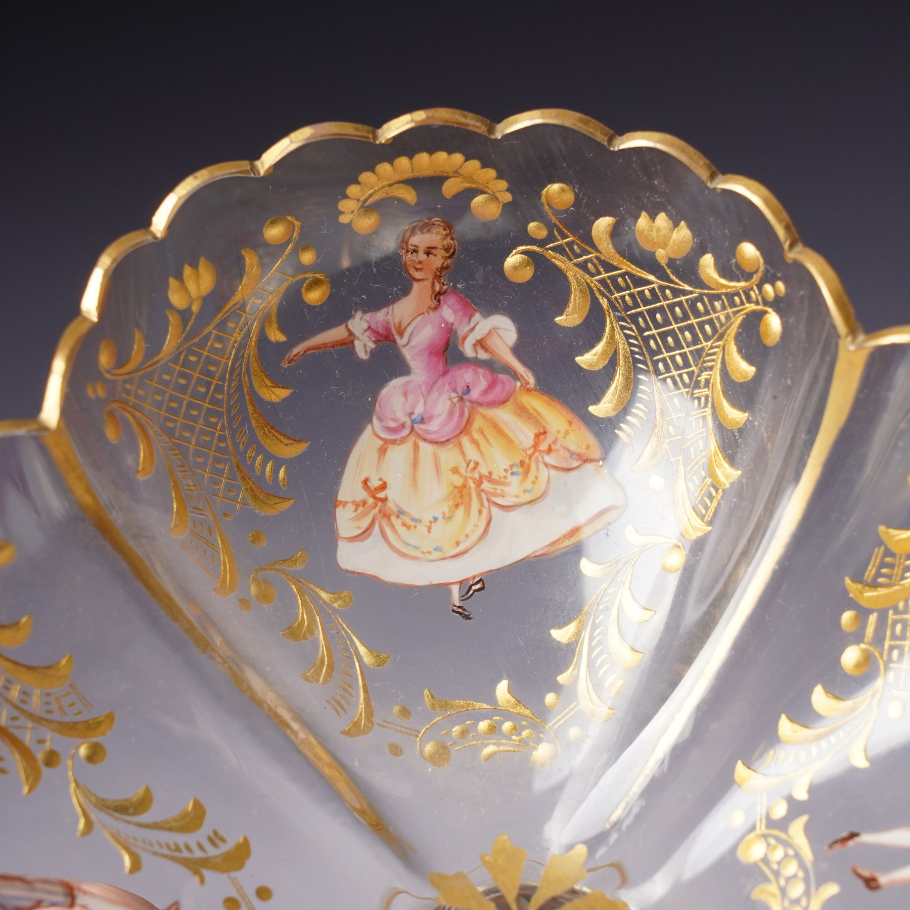 Lobmeyr style tazza, of quatrefoil form with painted enamel figures, H12cm 
