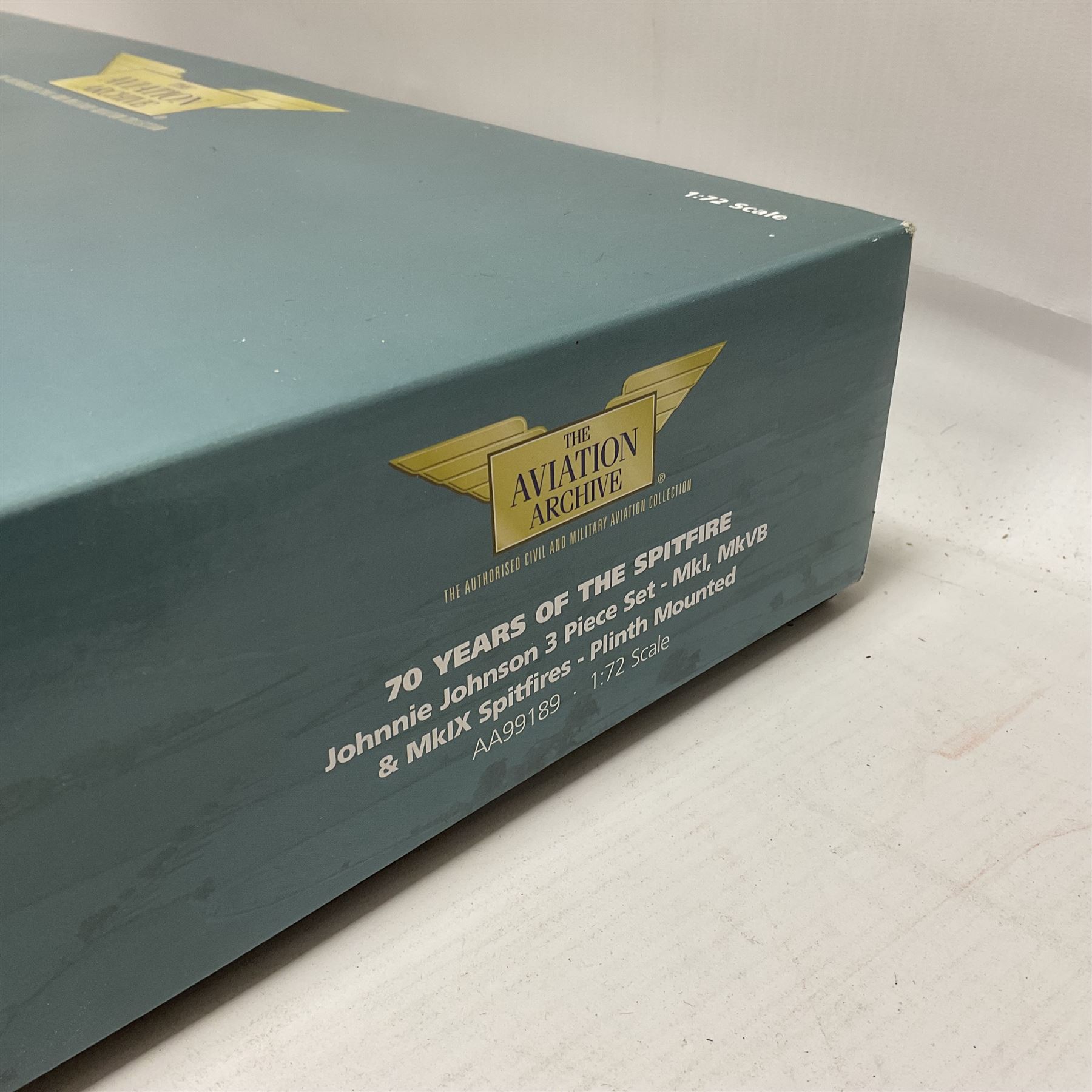 Corgi - Limited Edition Aviation Archive AA99189 70 Years of the Spitfire Johnnie Johnson 3 Piece Set - Mk1, MkVB & Mk1X - Plinth Mounted; in original box 