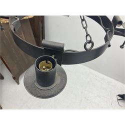 Pair of gothic style wrought iron ceiling lights, each with four branches, D58cm