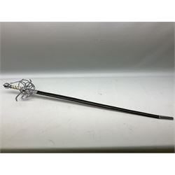 Replica knight's longsword, the 91.5cm double-edged steel blade with basket hilt and wire-bound bone grip with spherical pommel, in leather scabbard L112cm overall