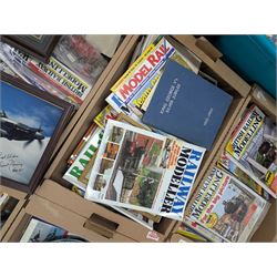 Large collection of model railway magazines, including Railyway Modeller, British Railway Modelling and Model Rail, together with railway and similar reference books, childrens books and VHS tapes in eleven boxes