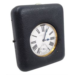 Early 20th century goliath keyless Swiss lever pocket watch by M M & Co, patent No. 10292, retailed by J. C. Vickery 'To Their Majesties 179-181-183 Regent Street', with light attachment, white enamel dial with Arabic numerals and subsidiary seconds dial, case No. 3499292, in fitted case