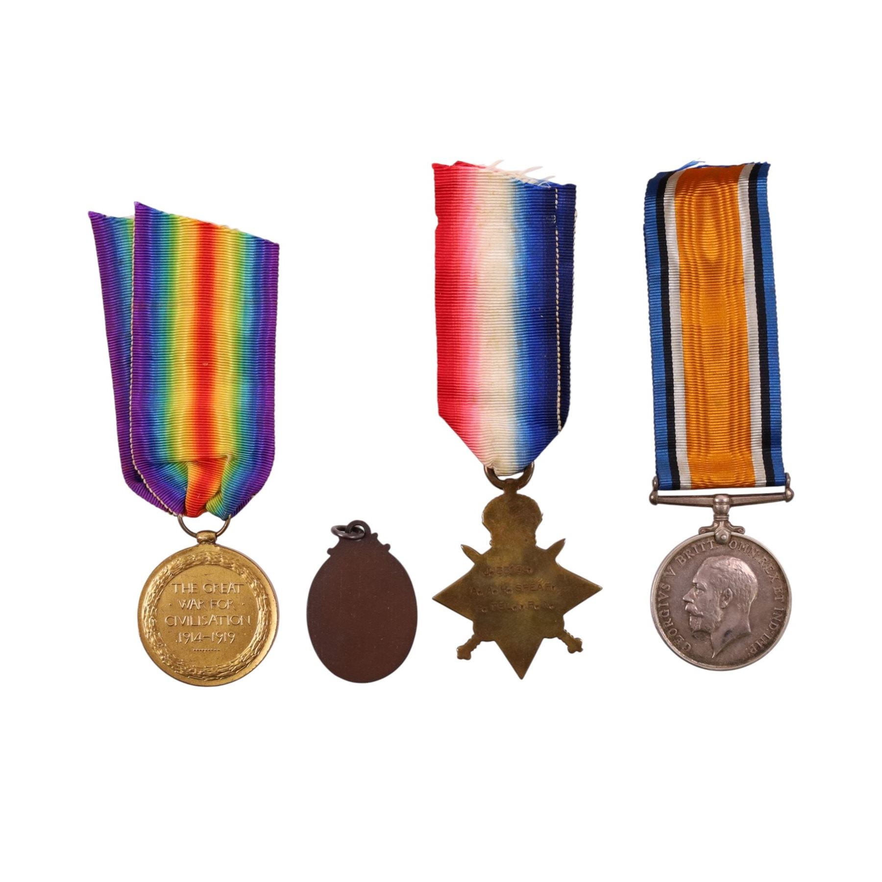 WWI medal trio comprising Victory Medal, War Medal and Star 1914-15 awarded to J.33109 A.A.H Spear B. Tel. R.N, together with cased bronze 1926 General Strike Service in National Emergency medal and rifle club medal 