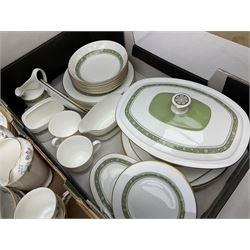 Quantity of part tea and dinner services, comprising Paragon Enchantment, Royal Doulton Rondelay and Paragon Belinda, to include tea and coffee pots, tea cups, twin handled soup bowls, covered dishes, plates etc, in three boxes 