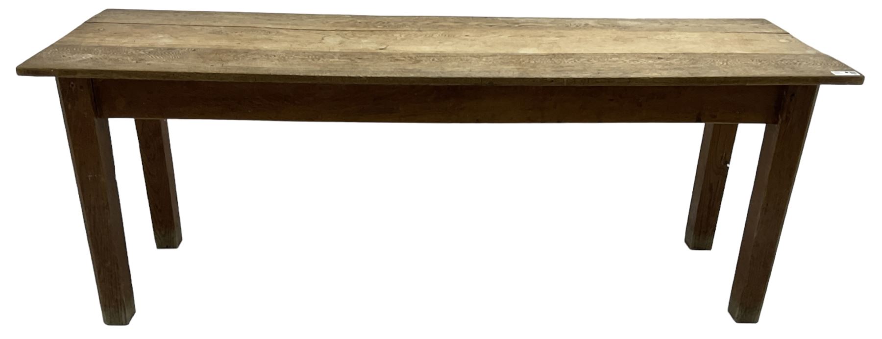 20th century oak refectory dining table, rectangular three plank top, on chamfered square supports 