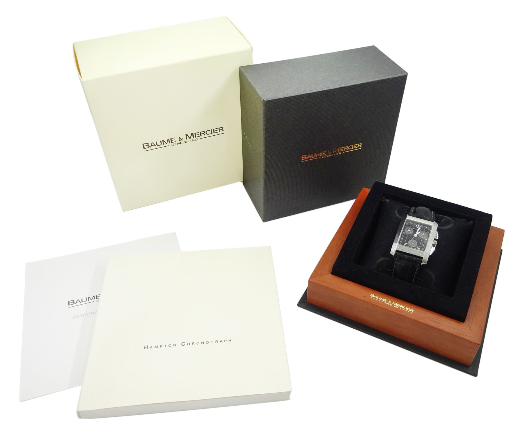 Baume Mercier Hampton gentleman's stainless steel chronograph quartz wristwatch, black dial with date aperture, on black leather strap and original fold-over clasp, boxed with papers