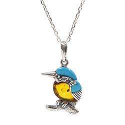 Silver Baltic amber and turquoise kingfisher pendant necklace, stamped 925 