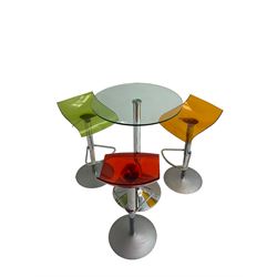 Bistro set, chrome pedestal table with glass top, and three stools, adjustable height chrome pedestal with coloured acrylic seats