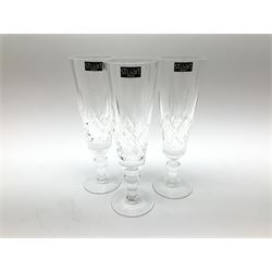 Set of six Waterford Crystal sherry glasses, together with three Stuarts Crystal Glengarry pattern flutes, a Stuart Crystal ships decanter, and an Edinburgh Crystal square section decanter. 