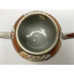 Two late 18th/early 19th century Chinese export teapots, the largest example of globular form with curved handle and straight spout, decorated in the Mandarin style with figural scenes surrounded by red scale reserves, H13.5cm, the second smaller example decorated in underglaze blue with two musicians in a landscape set with willow tree and fence, H10.5cm

