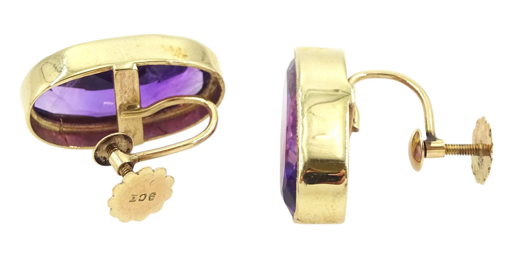 Pair of 9ct gold oval cut amethyst, screw back earrings, stamped