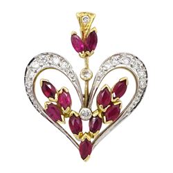18ct white and yellow gold round brilliant cut diamond and marquise cut ruby heart shaped pendant, London 1983