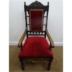  Set six (4+2) Victorian carved oak Carolean style dining chairs, acorn finials, carved shaped cresting rail, upholstered splat and seat, turned supports joined by single 'H' stretcher, W57cm  