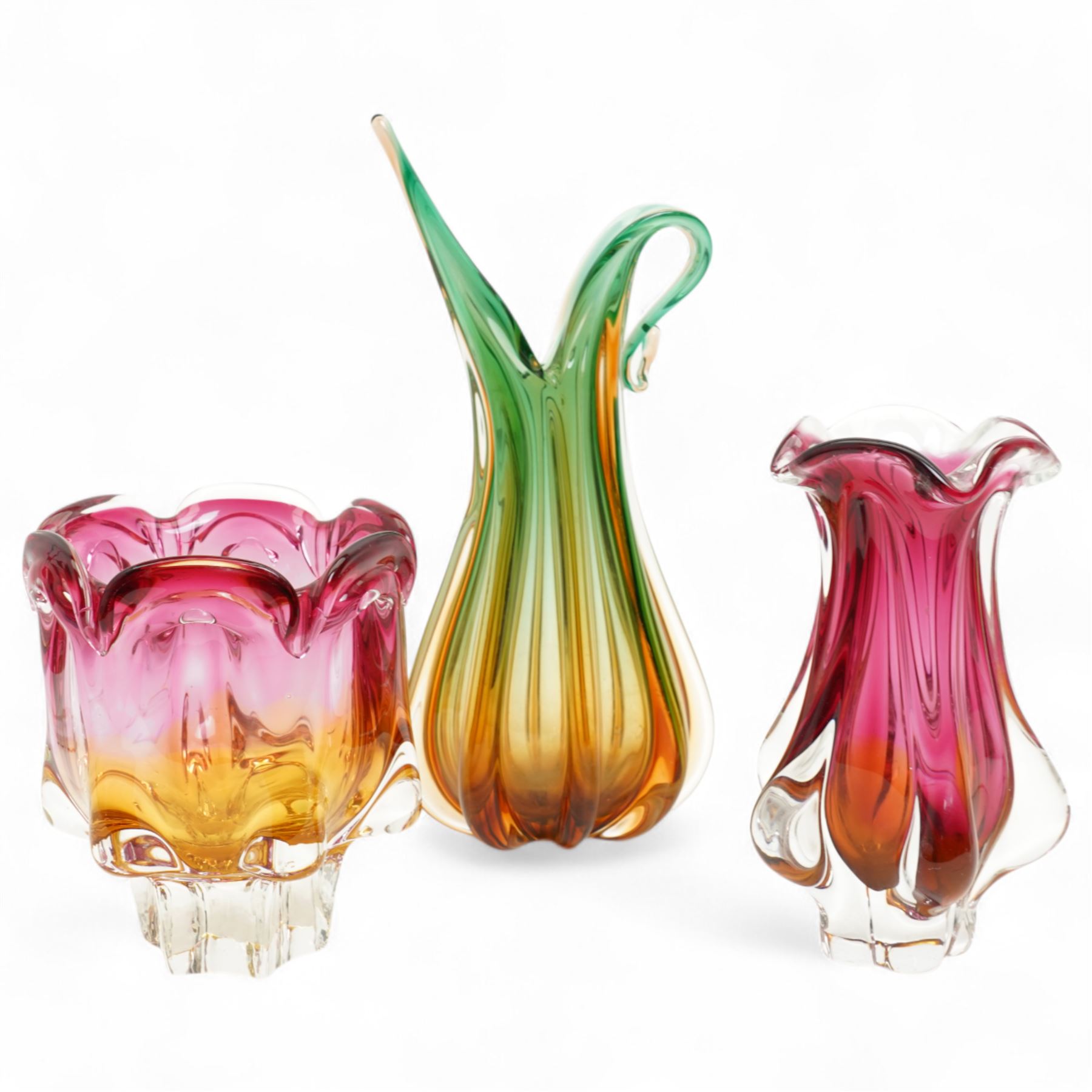 Three Czech bohemian art glass vases, by Josef Hospodka for Chribska, in various sprawling designs, including pronounced green and brown glass example, tallest H34cm  (3)