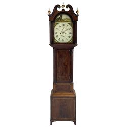 Samuel Ritchie of Forfar - William IV 8-day Scottish longcase clock in a mahogany case, with a swans neck pediment, brass paterae and three ball and spire brass finials, case and trunk inlaid with satinwood stringing on a plinth raised on decorative bracket feet, painted break arch dial depicting a costal scene to the break arch and conch seashells to the spandrels, Roman numerals, subsidiary seconds and date dials with matching steel hands, with a rack striking movement striking the hours on a bell. With weights, key, and pendulum.  Samuel Ritchie is recorded as working in Forfar 1800-37.