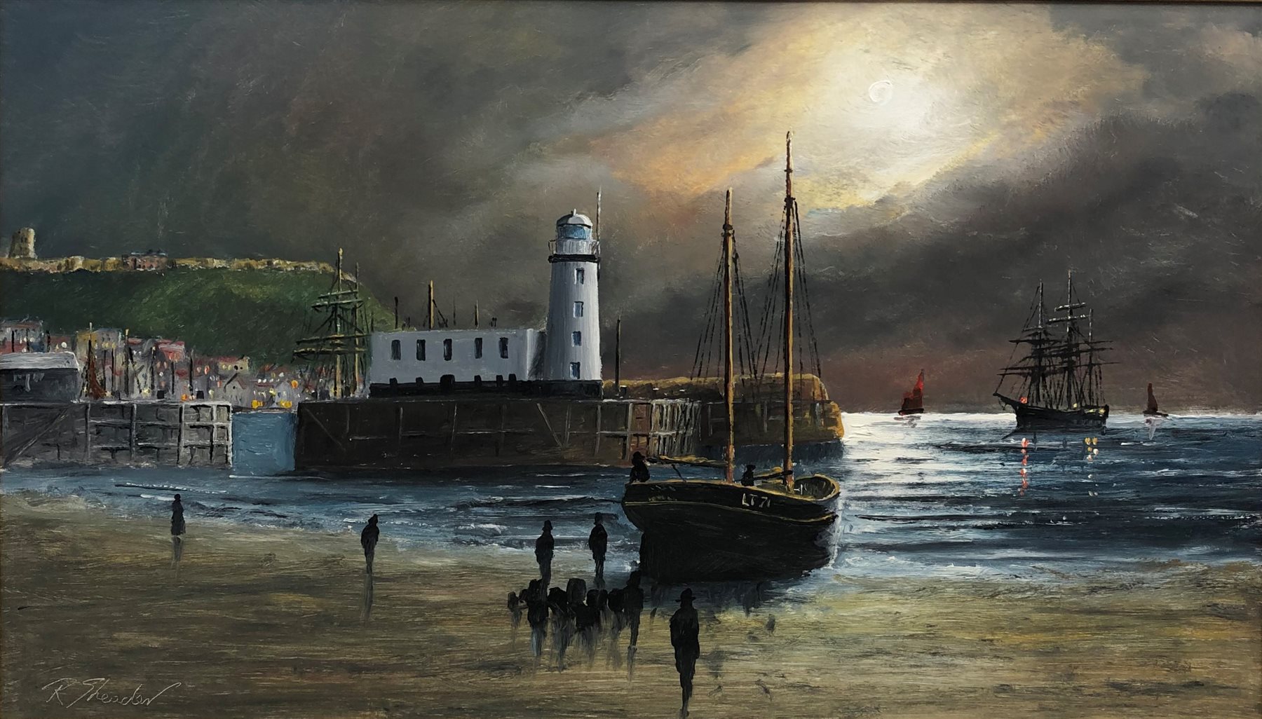 Robert Sheader (British 20th Century): Scarborough Lighthouse at Low Tide, oil on board signed 34cm x 60cm