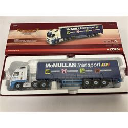 Corgi - Hauliers of Renown, three 1:50 scale models comprising CC14020 Volvo FH Curtainside - McMullan Transport Balleymoney, Co. Antrim, Northern Ireland no.820/1750; CC15006 Iveco Stralis Fridge Curtainside P. Harper & Sons Ltd - Ramsey, Cambridge, no.987/1000; CC15303 Scania 141 Canvas Load R. T. Keedwell Ltd - Highbridge, Somerset no.876/1000; all boxed 
