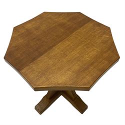 Mouseman - oak occasional table, octagonal adzed top on cruciform base with sledge feet, carved with mouse signature, by the workshop of Robert Thompson, Kilburn 