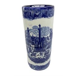 Blue and white stick stand decorated with transfer printed cityscape, H44cm