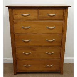  Modern oak chest, moulded top, two short and four long drawers, stile supports, W98cm, H124cm, D43cm  